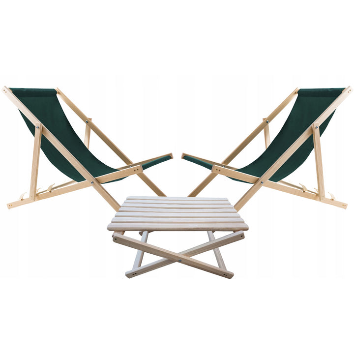 Woodok Conjunto de 2 tumbonas de playa, Color verde| Incluida mesa de centro de madera