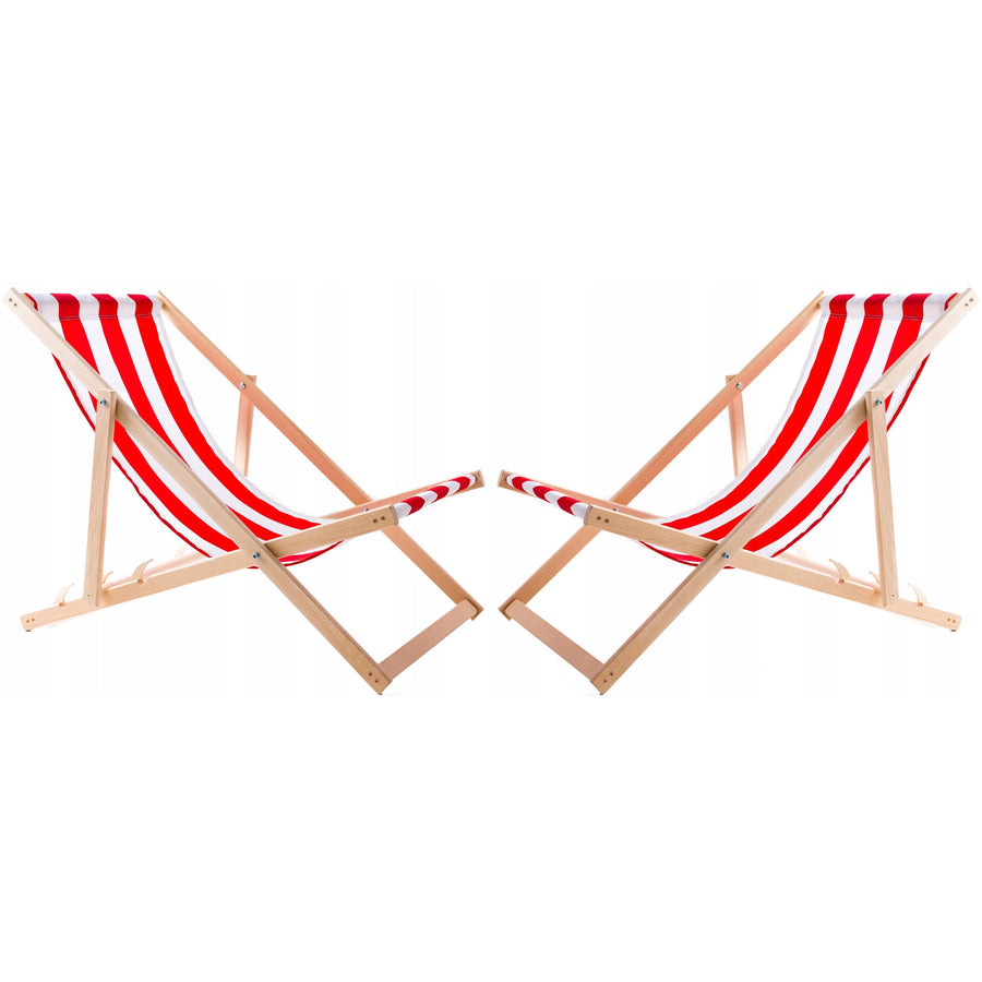 Woodok Conjunto de 2 tumbonas de playa, Color rayas rojas| Incluida mesa de centro de madera