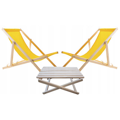 Conjunto de 2 espreguiçadeiras de praia Woodok, amarelo | Inclui mesa de centro em madeira