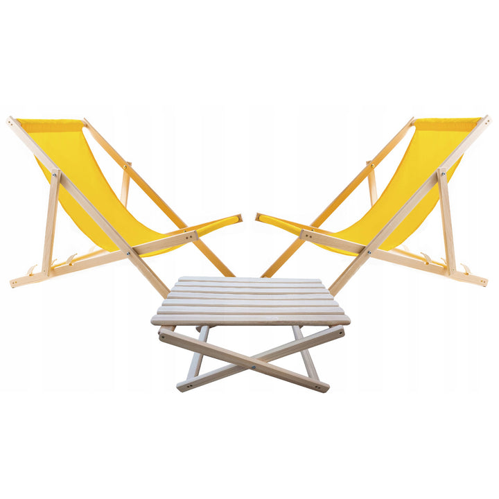 Woodok Conjunto de 2 tumbonas de playa, Color amarillo | Incluida mesa de centro de madera
