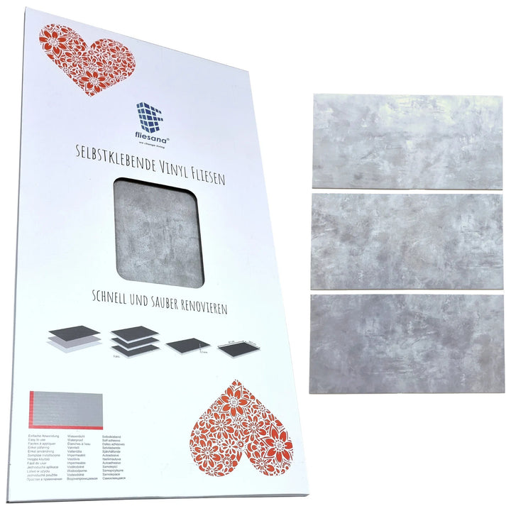Azulejos autocolantes para pavimento e parede Fliesana, conjunto de 3, impermeáveis, padrão de betão cinza claro