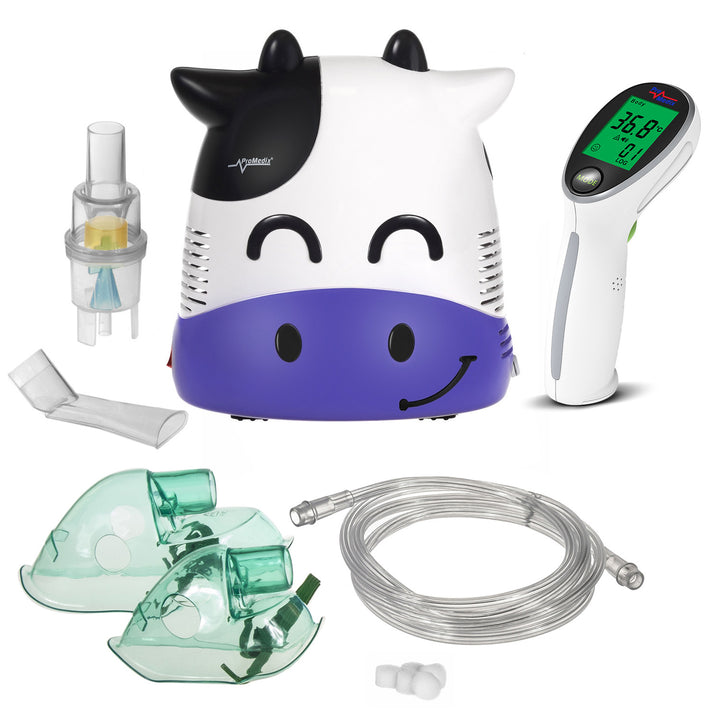 Promedix PR-810 Inhalador infantil, fudge, nebulizador, mascarilla, juego de filtros + Termómetro médico de infrarrojos sin contacto Promedix PR-960