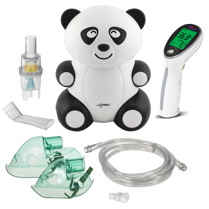 Inalador, nebulizador, máscara e filtro Promedix PR-812 Panda Baby + termómetro médico infravermelho sem contacto Promedix PR-960