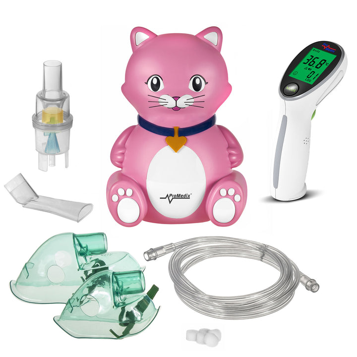 ProMedix Inhalador para niños, set nebulizador, mascarillas, filtros, PR-816 + Promedix PR-960 termómetro médico infrarrojo sin contacto