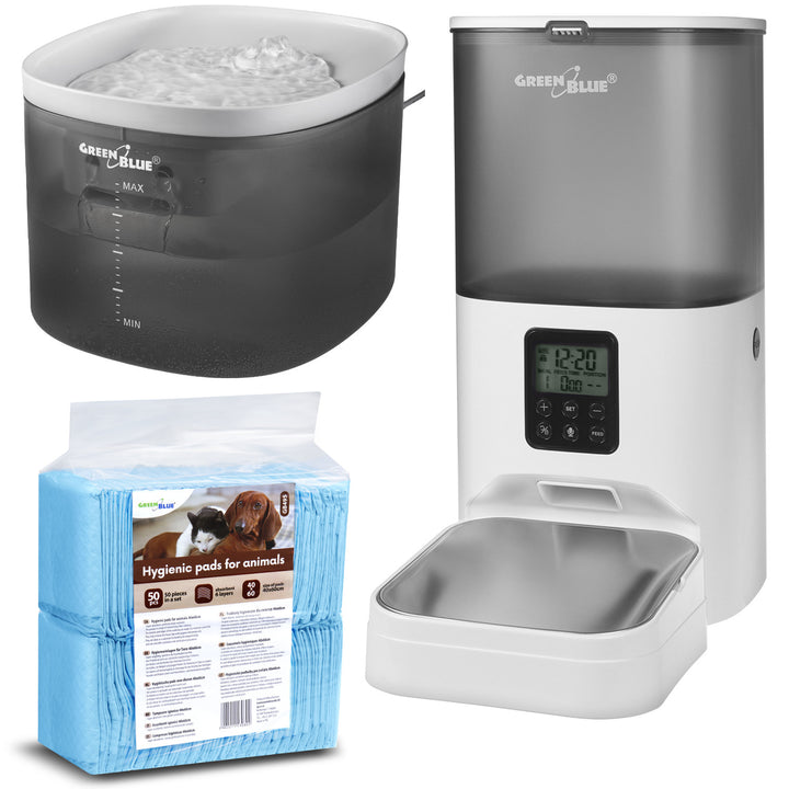 GreenBlue GB392 Bebedouro/Dispensador Automático de Água para Animais de Estimação + GreenBlue GB393 Alimentador/Dispensador Automático de Alimentação para Animais de Estimação + Base de 50 Peças, 60x40cm, GB495