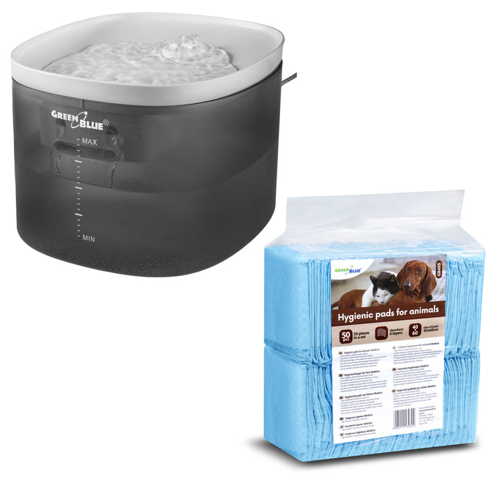 Bebedouro/Dispensador Automático de Água para Animais de Estimação GreenBlue, 3L, USB 5V1A, GB392 + Tapetes/Almofadas Higiénicas GreenBlue para Cães/Gatos, Tapetes para Treino de Animais de Estimação, 60x40cm, 50 unidades, GB495