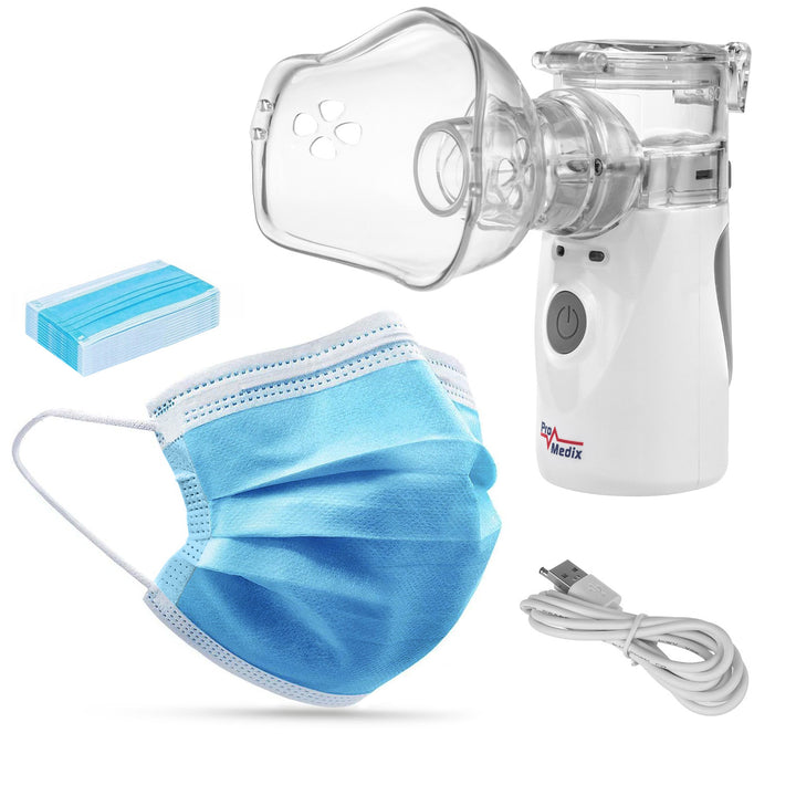 Promedix inhalador nebulizador inalámbrico portátil / de mano, kit, mascarillas, PR-835 + 2x Mascarillas médicas CE EN 14683:2019 - kit - color azul 10 piezas Promedix PR-280 BFE>98%...