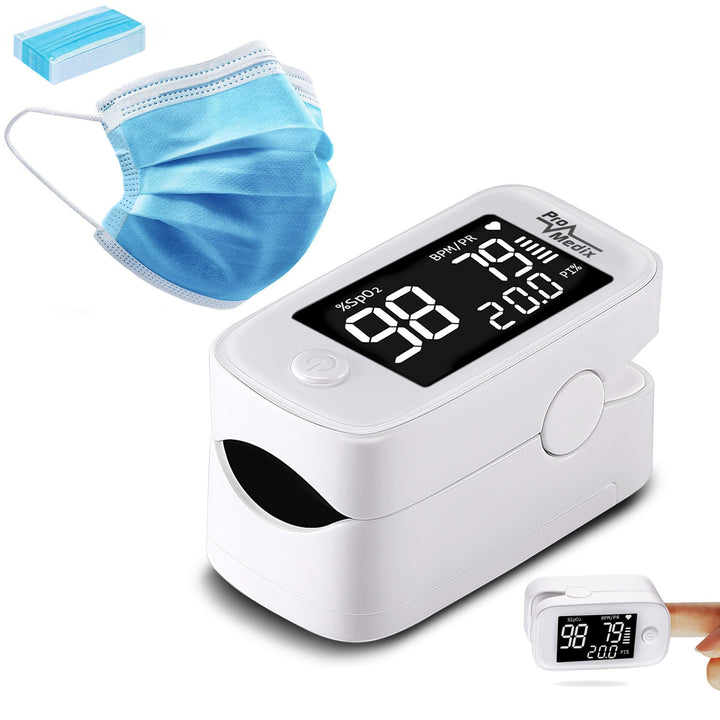 Promedix PR-870 1.5" HD LED pulsioxímetro pulsioxímetro médico + 2x Mascarillas médicas CE EN 14683:2019 - set - color azul 10 piezas Promedix PR-280 BFE>98%...