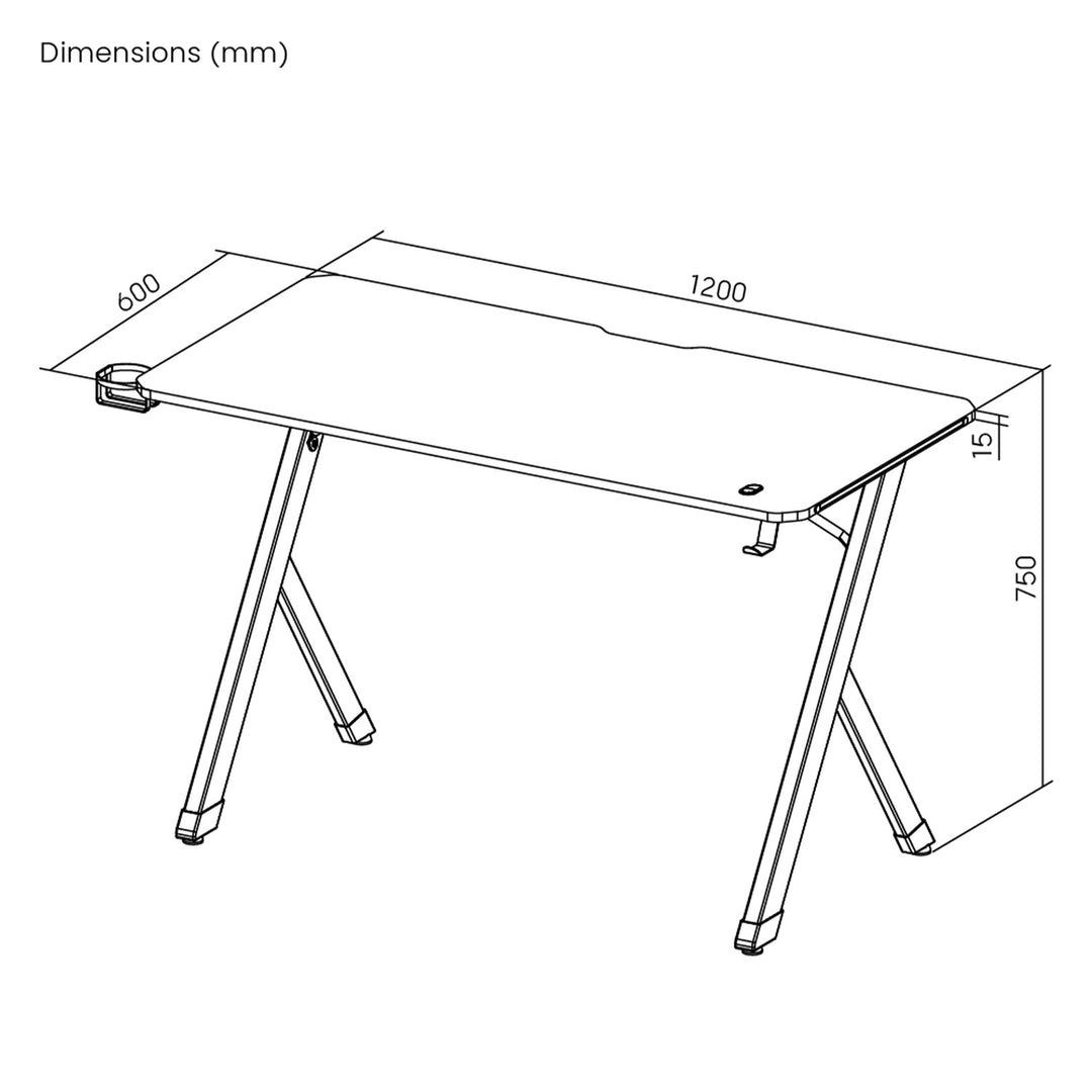Escritorio para juegos NanoRS, negro, con soporte para auriculares y vasos, max. 75kg, dimensiones 1200x600x750mm, RS101
