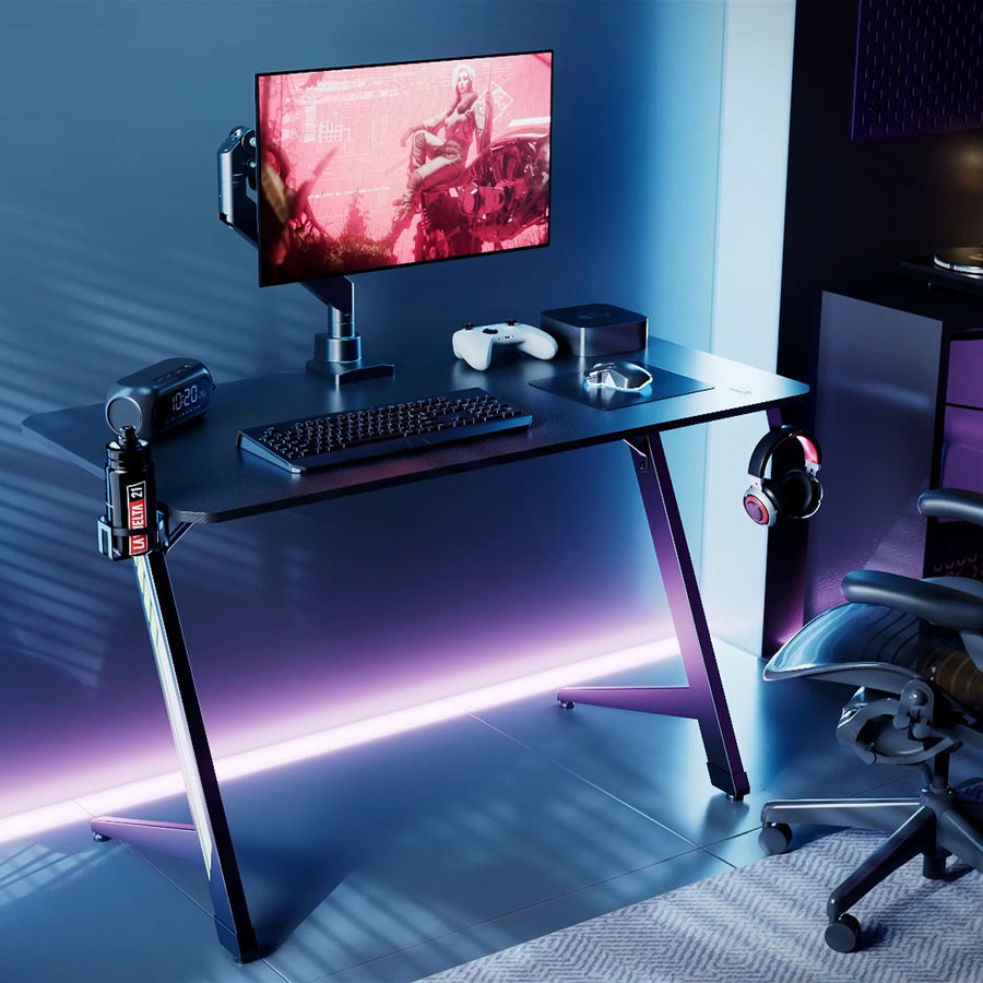 Escritorio para juegos NanoRS, negro, con soporte para auriculares y vasos, max. 75kg, dimensiones 1200x600x750mm, RS101