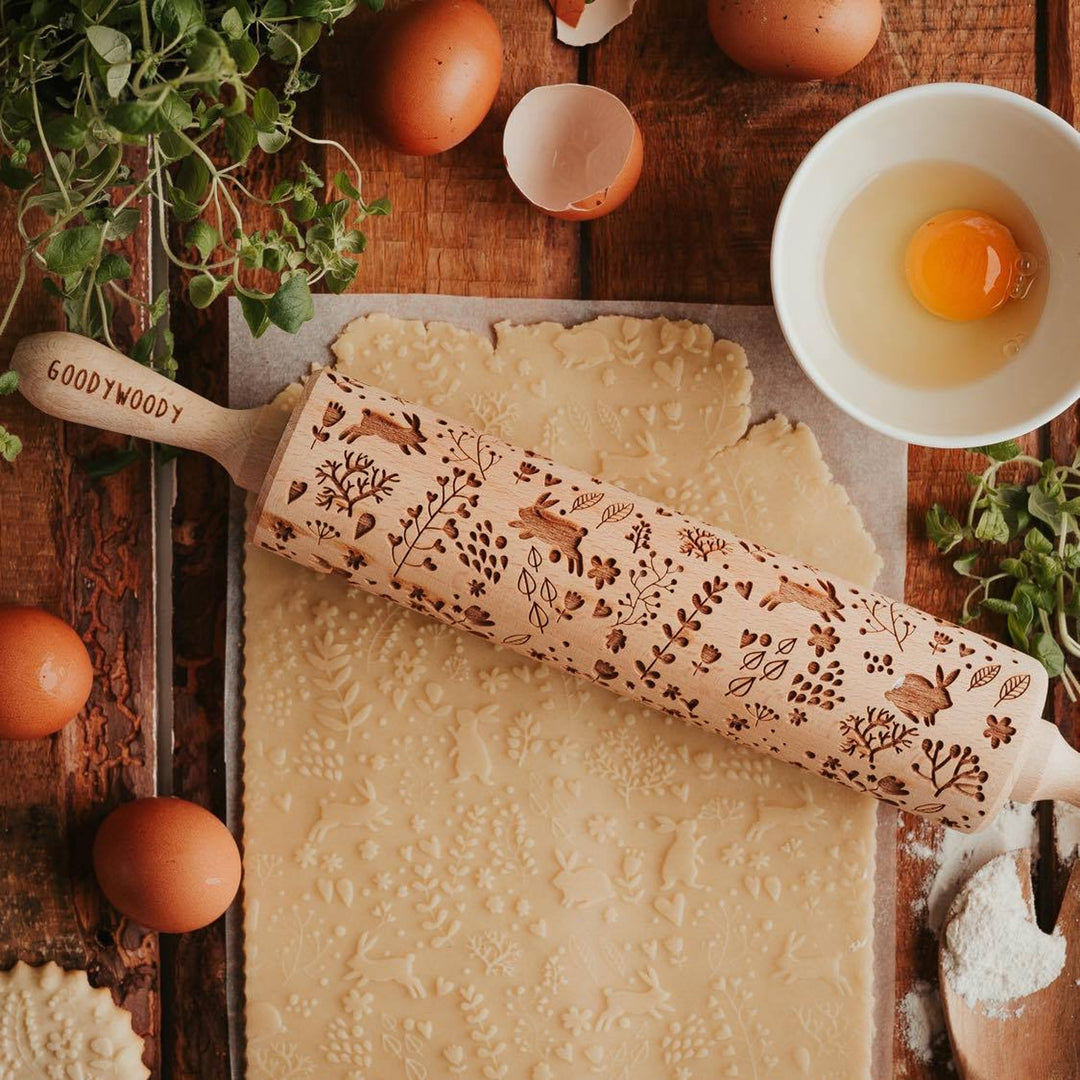 Rolo de massa Goody Woody gravado, 46 cm, madeira de faia, design de coelho