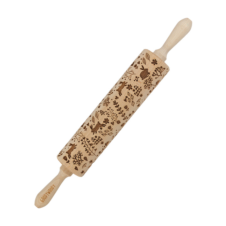 Rolo de massa Goody Woody gravado, 46 cm, madeira de faia, design de coelho