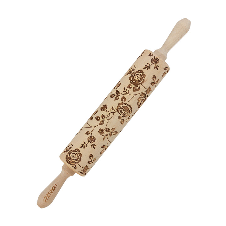 Rolo de massa gravado Goody Woody, 46 cm, madeira de faia, desenho de rosa selvagem