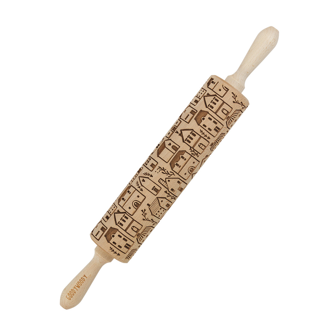 Rolo de massa gravado Goody Woody, 46 cm, madeira de faia, cidade escandinava