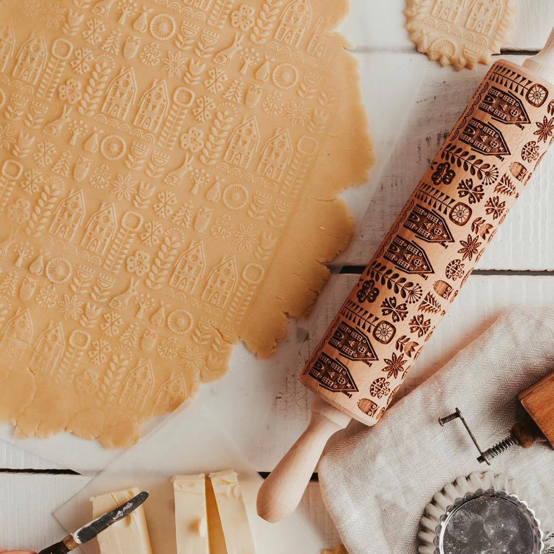 Goody Woody Rodillo para tartas grabado, 46 cm, madera de haya, estilo escandinavo