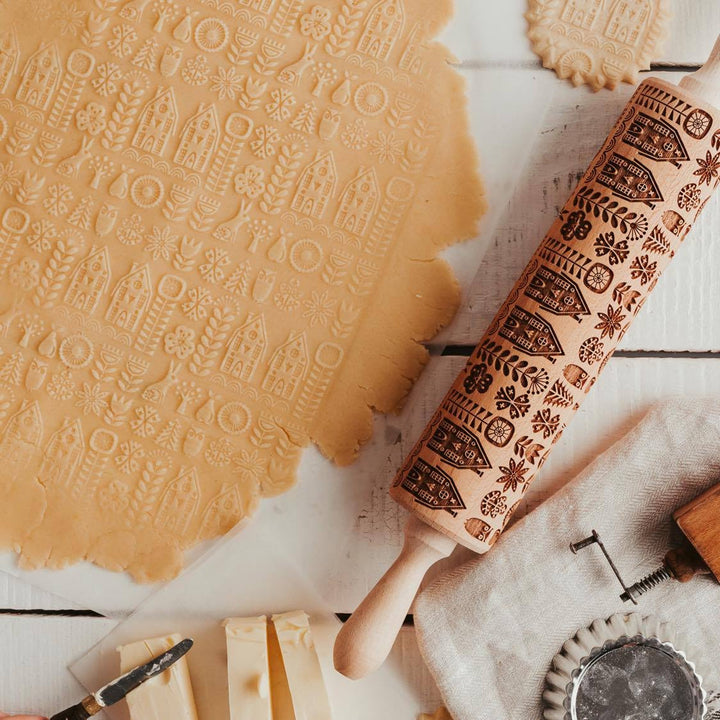 Goody Woody Rodillo para tartas grabado, 46 cm, madera de haya, estilo escandinavo