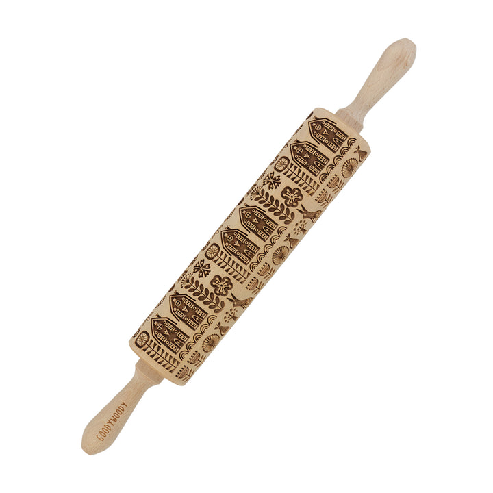 Goody Woody Rodillo para tartas grabado, 46 cm, madera de haya, estilo escandinavo
