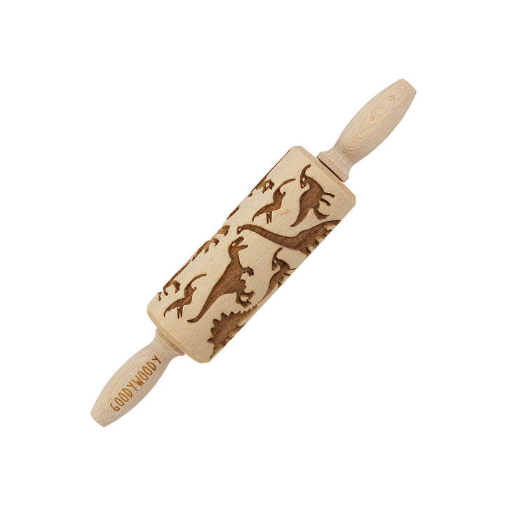 Rolo de massa gravado Goody Woody, 23,5 cm, madeira de faia, design de dinossauro