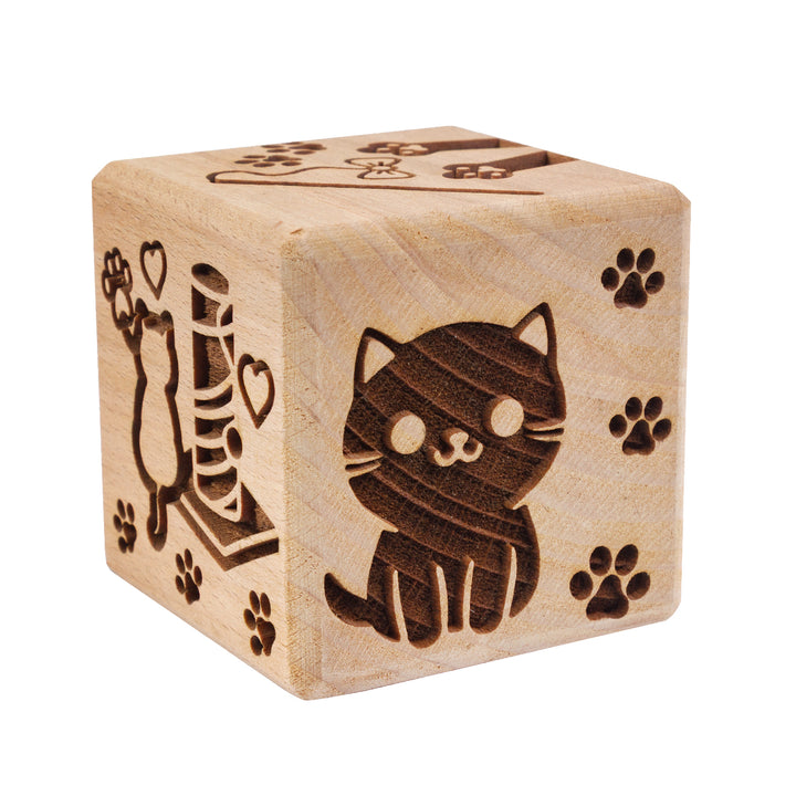 Cubo de bolo gravado Goody Woody, 6 cm, madeira de faia, 6 desenhos, gatos
