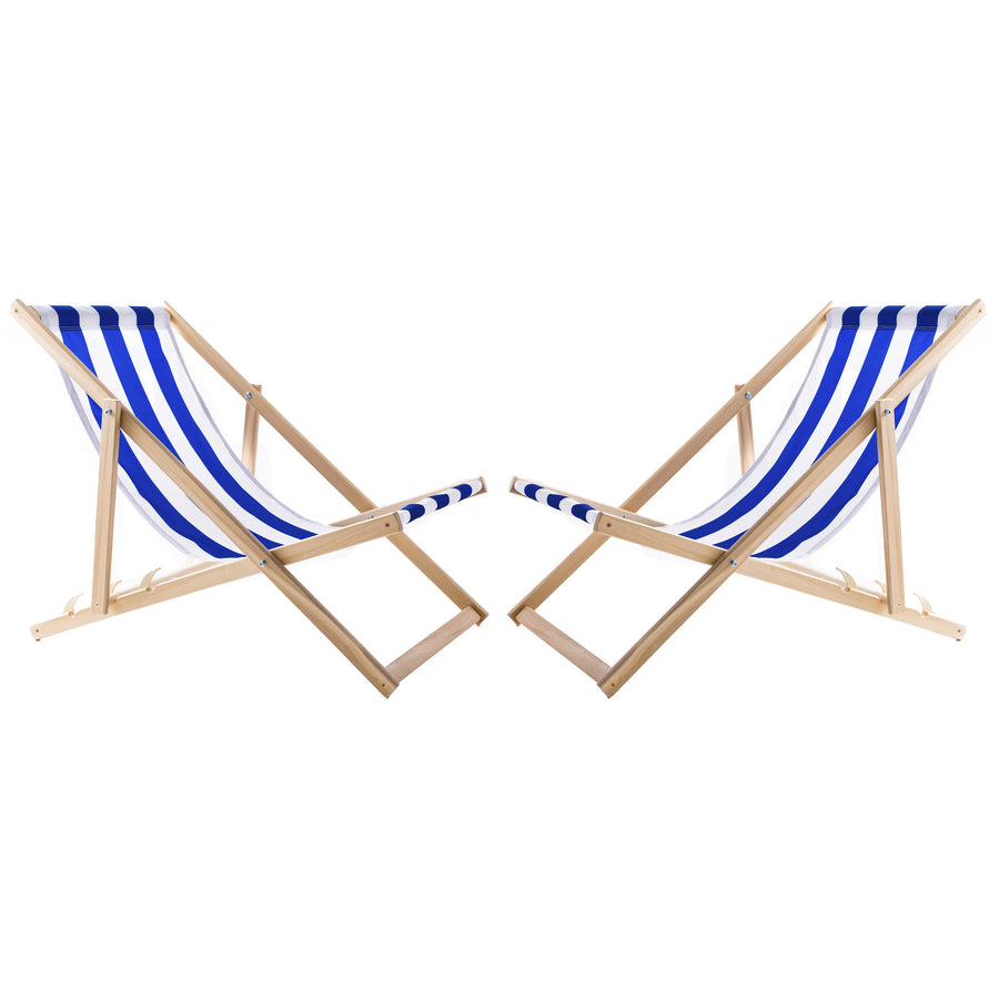 Conjunto WOODOK de 2 espreguiçadeiras em madeira de faia, cadeira de praia, espreguiçadeira de jardim, pátio, varanda e terraço, dobráveis, até 120 kg (listras azuis)