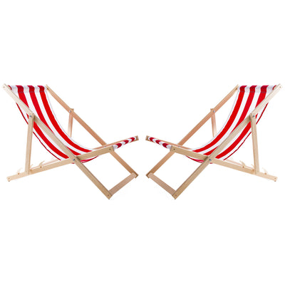 Conjunto WOODOK de 2 espreguiçadeiras em madeira de faia, cadeira de praia, espreguiçadeira de jardim, pátio, varanda e terraço, dobráveis, até 120 kg (listras vermelhas)