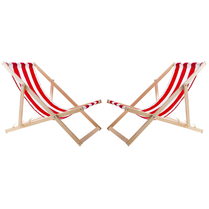 Conjunto WOODOK de 2 espreguiçadeiras em madeira de faia, cadeira de praia, espreguiçadeira de jardim, pátio, varanda e terraço, dobráveis, até 120 kg (listras vermelhas)