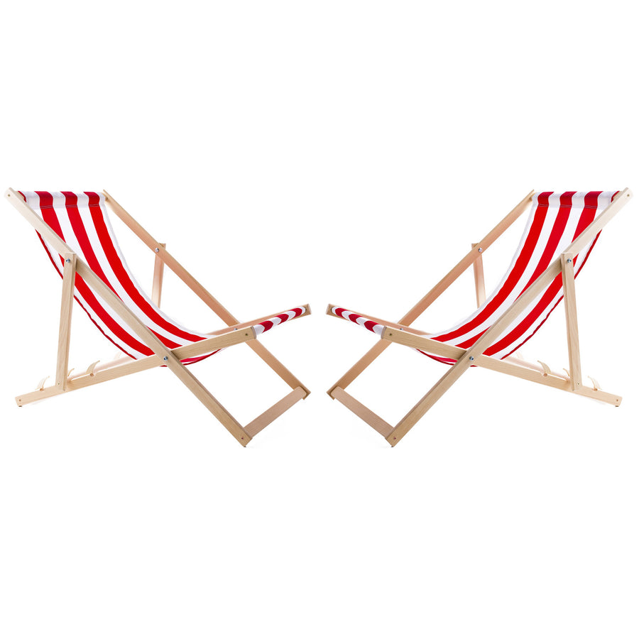 Conjunto WOODOK de 2 espreguiçadeiras em madeira de faia, cadeira de praia, espreguiçadeira de jardim, pátio, varanda e terraço, dobráveis, até 120 kg (listras vermelhas)