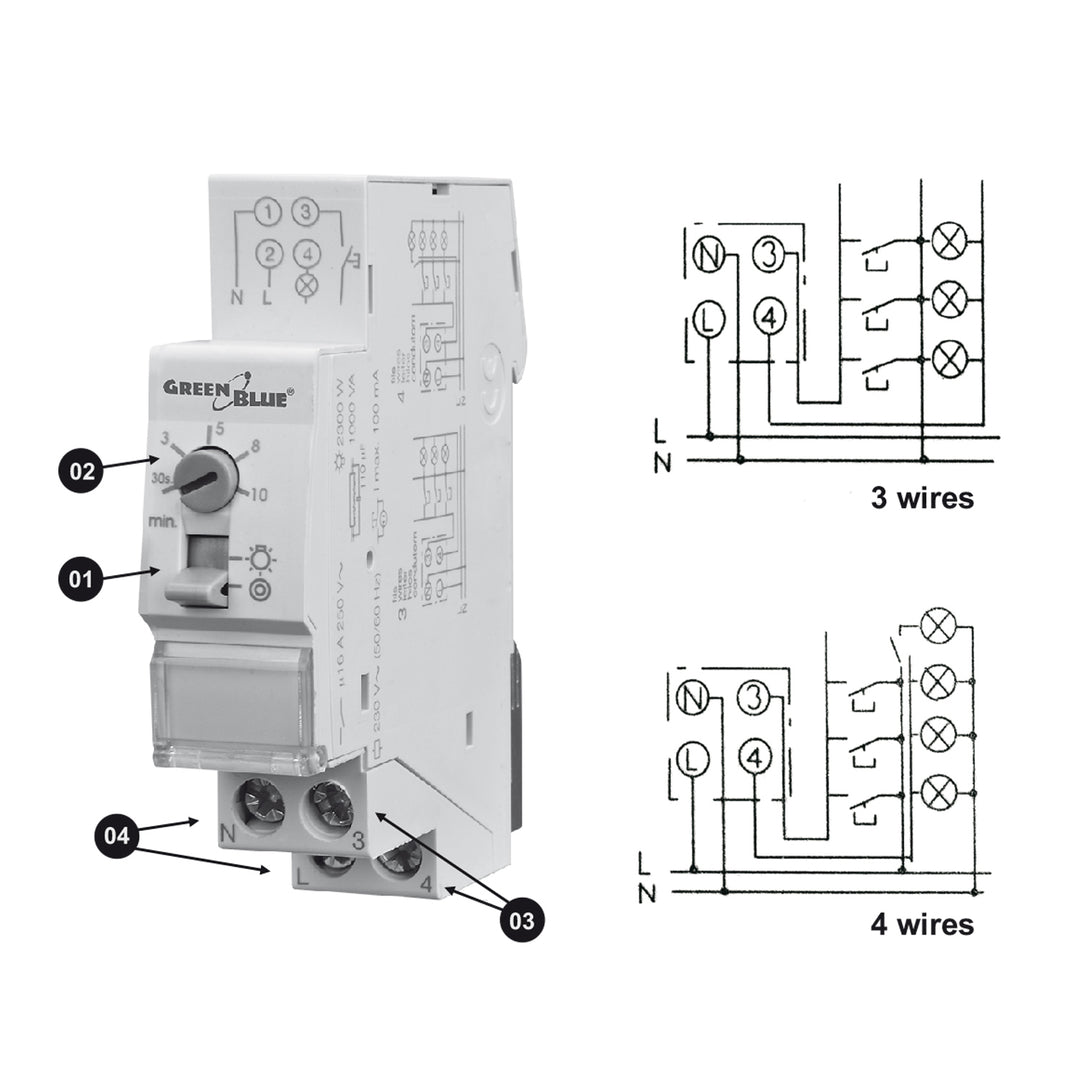 Iluminação automática de escadas GreenBlue para montagem em calha DIN, controlo de 30s-10m, máx. 2300W, GB114, 3 unidades