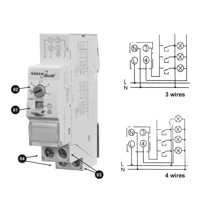 Iluminação automática de escadas GreenBlue para montagem em calha DIN, controlo de 30s-10m, máx. 2300W, GB114, 3 unidades