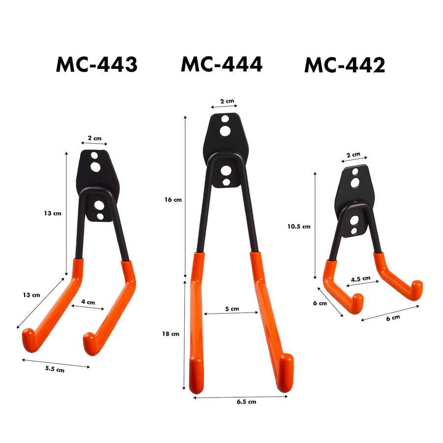 Suporte de parede Maclean Garage para pneus, ferramentas de jardim, escadas e mangueiras. Aço, carga máxima de 70 kg, MC-442 + MC-443 (carga máxima de 50 kg) + MC-444 (carga máxima de 25 kg)