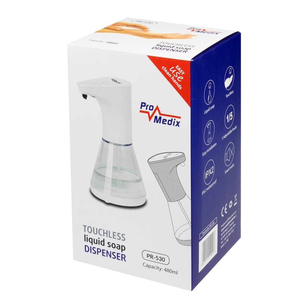 Dispensador automático Promedix, contenedor dispensador para jabones líquidos, líquidos desinfectantes, 480ml, 4xAA PR-530 + 4x pilas Varta Industrial LR6/AA R-06