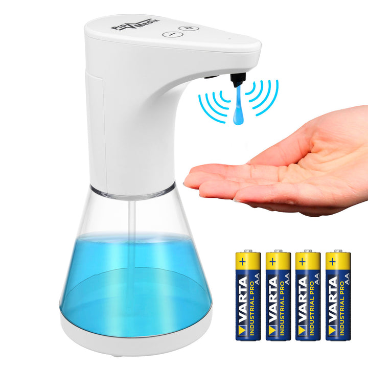Dispensador automático Promedix, contenedor dispensador para jabones líquidos, líquidos desinfectantes, 480ml, 4xAA PR-530 + 4x pilas Varta Industrial LR6/AA R-06