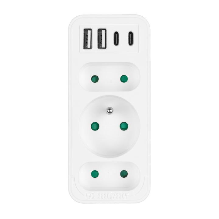 Toma de corriente x3 + 4xUSB Maclean, divisor de 3 tomas, 2xUSB A, 2xUSB C PD 20W, 1x16A + 2x6A, MCE248 F/W