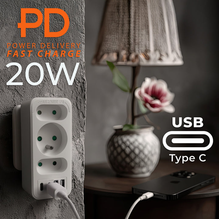 Toma de corriente x3 + 4xUSB Maclean, divisor de 3 tomas, 2xUSB A, 2xUSB C PD 20W, 1x16A + 2x6A, MCE248 F/W
