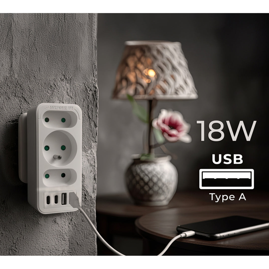 Toma de corriente x3 + 4xUSB Maclean, divisor de 3 tomas, 2xUSB A, 2xUSB C PD 20W, 1x16A + 2x6A, MCE248 F/W