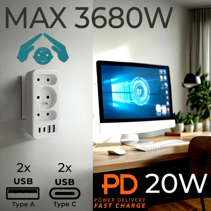 Toma de corriente x3 + 4xUSB Maclean, divisor de 3 tomas, 2xUSB A, 2xUSB C PD 20W, 1x16A + 2x6A, MCE248 F/W