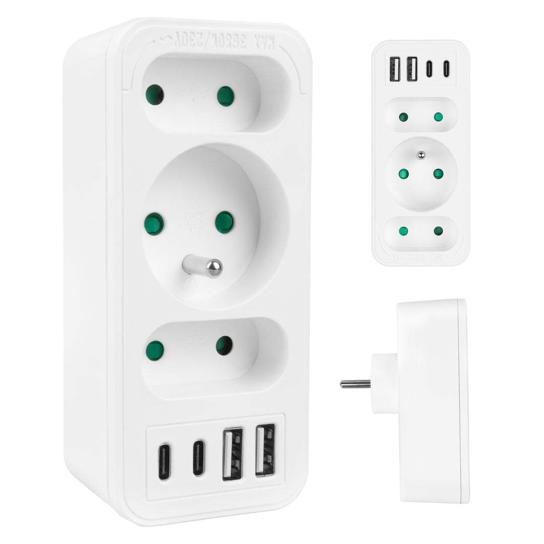 Toma de corriente x3 + 4xUSB Maclean, divisor de 3 tomas, 2xUSB A, 2xUSB C PD 20W, 1x16A + 2x6A, MCE248 F/W