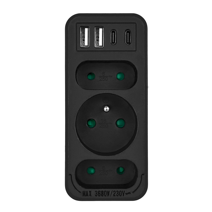 Toma de corriente x3 + 4xUSB Maclean, divisor de 3 tomas, 2xUSB A, 2xUSB C PD 20W, 1x16A + 2x6A, MCE248 F/B