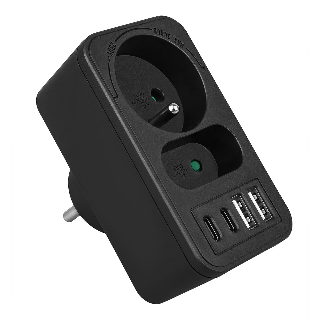 Toma de corriente Maclean x2 + 4xUSB, divisor con 2 tomas, 2xUSB A, 2xUSB C PD 20W, 1x16A + 1x6A, MCE249 F/B