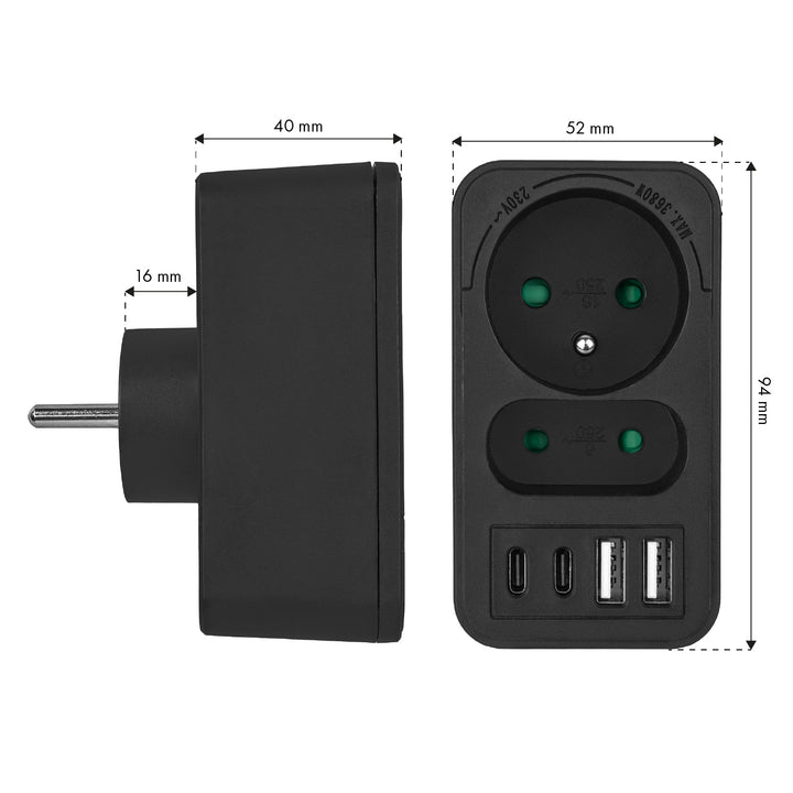 Toma de corriente Maclean x2 + 4xUSB, divisor con 2 tomas, 2xUSB A, 2xUSB C PD 20W, 1x16A + 1x6A, MCE249 F/B