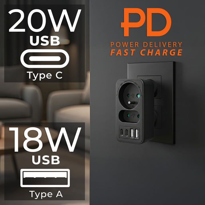 Toma de corriente Maclean x2 + 4xUSB, divisor con 2 tomas, 2xUSB A, 2xUSB C PD 20W, 1x16A + 1x6A, MCE249 F/B
