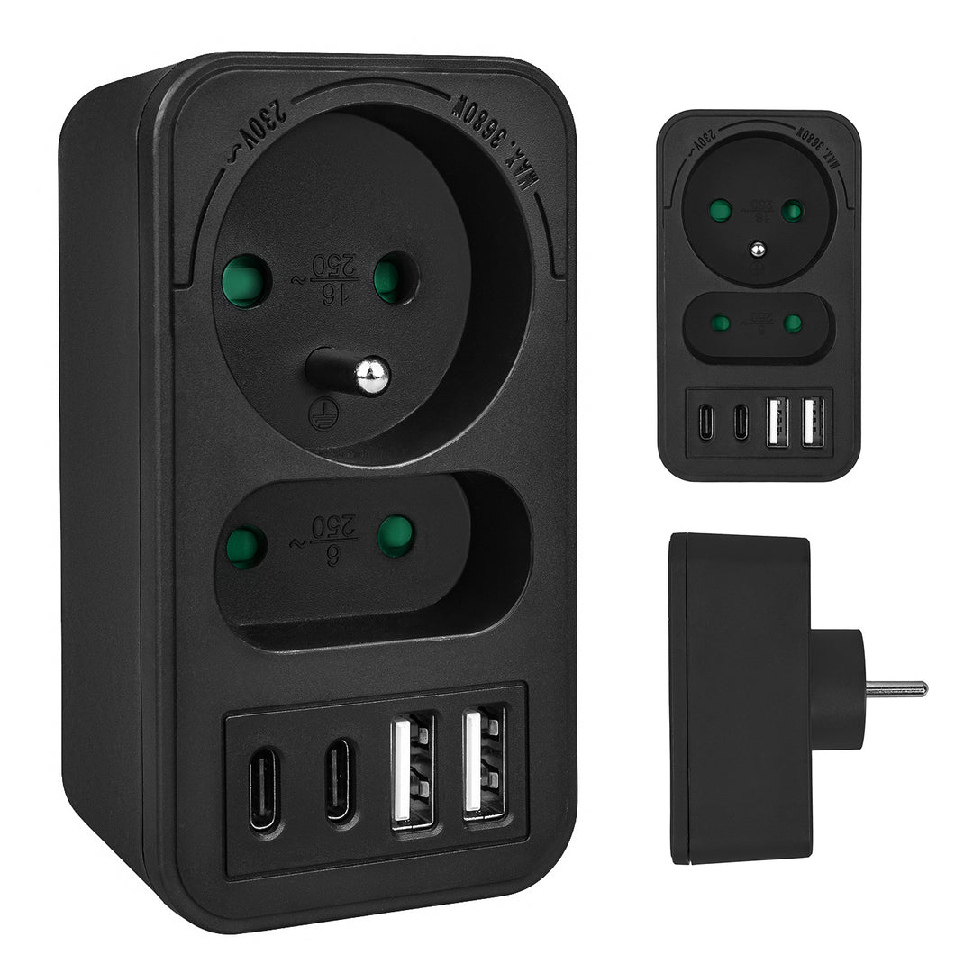 Toma de corriente Maclean x2 + 4xUSB, divisor con 2 tomas, 2xUSB A, 2xUSB C PD 20W, 1x16A + 1x6A, MCE249 F/B