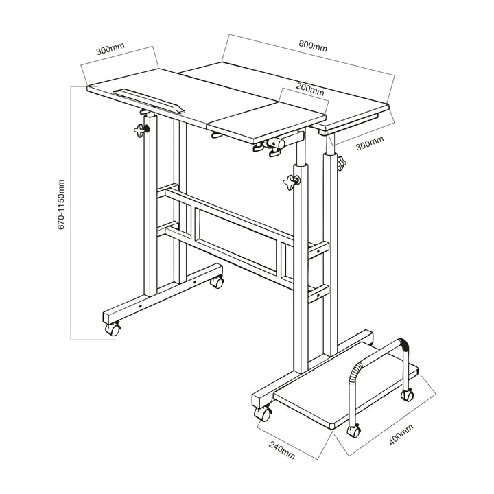Mesa escritorio móvil para portátil Maclean, negra, tablero 80x60 cm, 50 kg máx., altura regulable 67-115 cm, MC-124 B