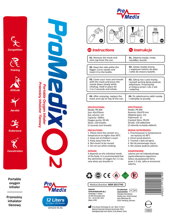 Inalador portátil de oxigénio Promedix 99,4% em lata, 12L, PR-994, 5 unidades