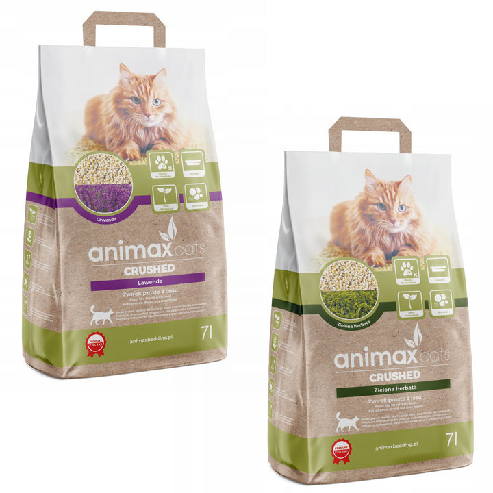 Animax Cama aglomerante, Lavanda, triturada, 7 litros + Cama aglomerante, Chá verde, triturado, 7 litros