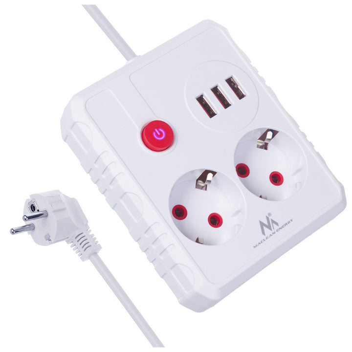 Regleta de enchufes Maclean, cable alargador 2 tomas + 3xUSB, 110-240V CA 50/60Hz, 2,1A máx. 2500W, 1,5m, blanco, MCE387 W