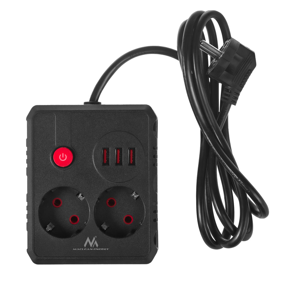Regleta de enchufes Maclean, cable alargador de 2 tomas + 3xUSB, 110-240 V CA 50/60 Hz, 2,1 A máx. 2500 W, 1,5 m, negro, MCE387 B