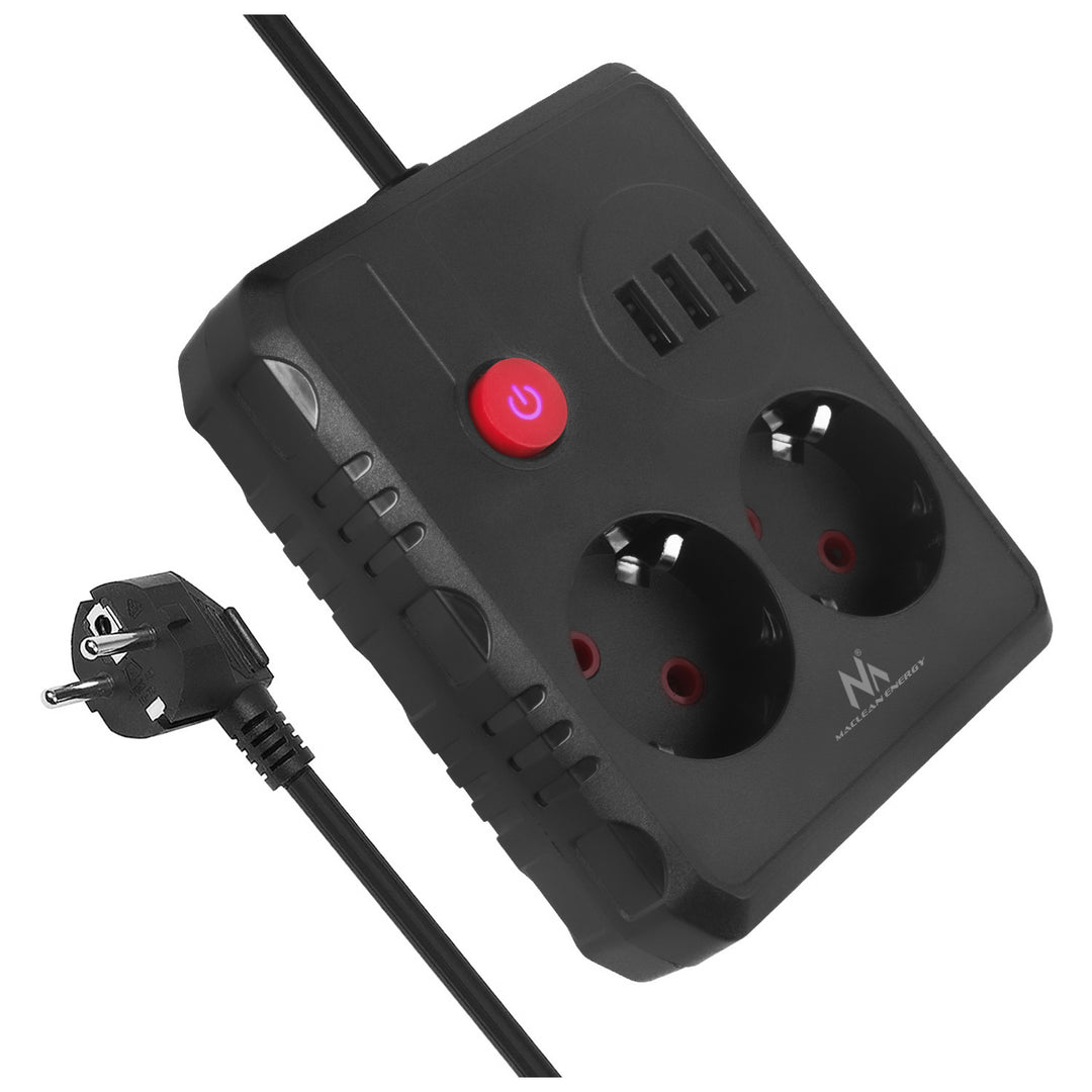 Regleta de enchufes Maclean, cable alargador de 2 tomas + 3xUSB, 110-240 V CA 50/60 Hz, 2,1 A máx. 2500 W, 1,5 m, negro, MCE387 B