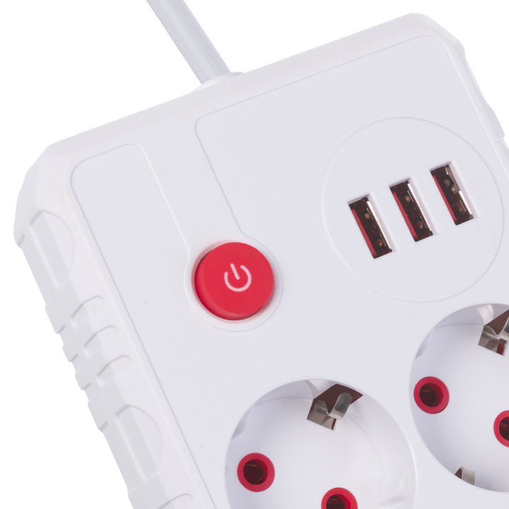 Regleta de enchufes Maclean, cable alargador 2 tomas + 3xUSB, 110-240 V CA 50/60 Hz, 2,1 A máx. 2500 W, 3 m, blanco, MCE388 W
