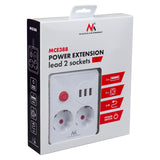 Regleta de enchufes Maclean, cable alargador 2 tomas + 3xUSB, 110-240 V CA 50/60 Hz, 2,1 A máx. 2500 W, 3 m, blanco, MCE388 W